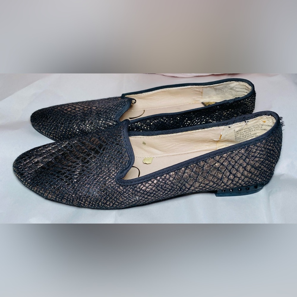 SAM & LIBBY Gold Black Studded Slip On Flats Glittery Fabric Womens Shoes , 8